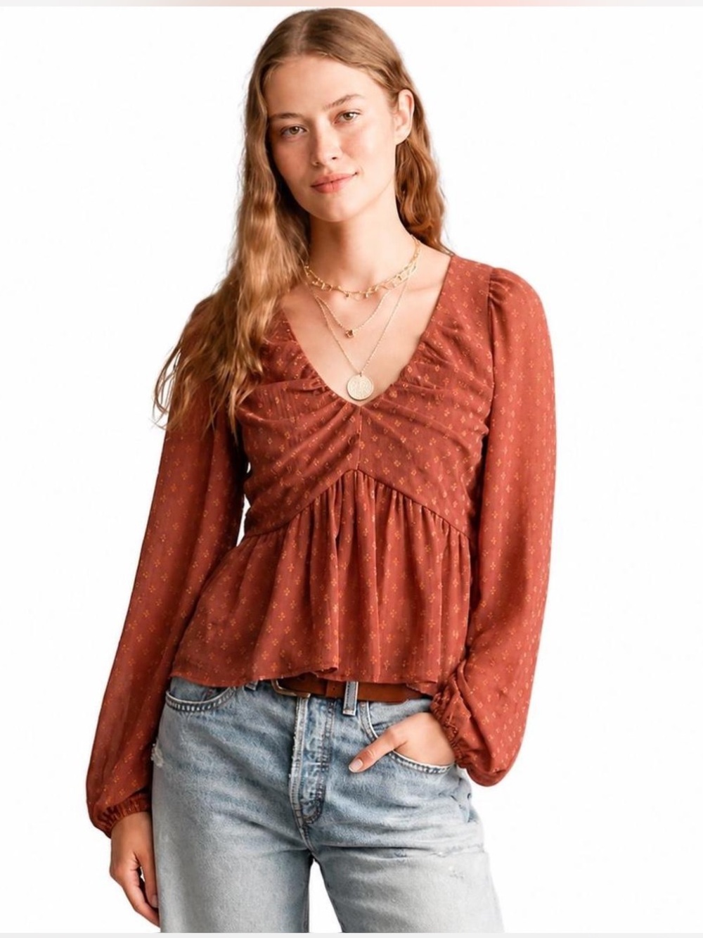 Anthropologie NWT Boho Babydoll Peplum Top Rust Cottagecore Festival Euro Summer
